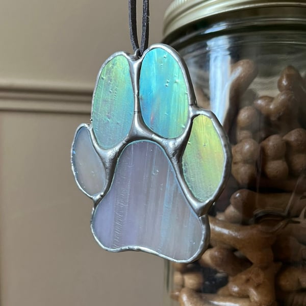 Grey iridescent stained glass paw decoration - gift for dog lovers