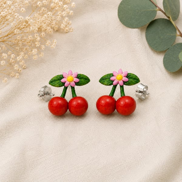 Cherry Polymer Clay Stud Earrings Sterling Silver Posts