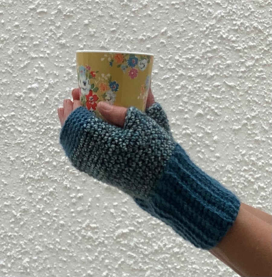FINGERLESS MITTS , gloves ' Rambler'  Soft wool blend. Teal , blue.