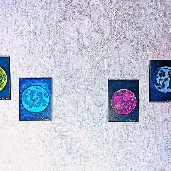 Set of Full Moon Original Oil Paintings, in four different colours, home decor