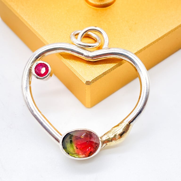 Watermelon Tourmaline Silver and Solid Gold Drip Heart Pendant 