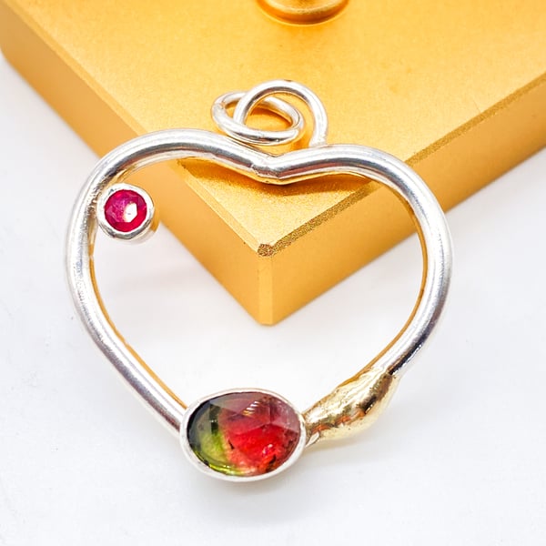 Watermelon Tourmaline Silver and Solid Gold Drip Heart Pendant 