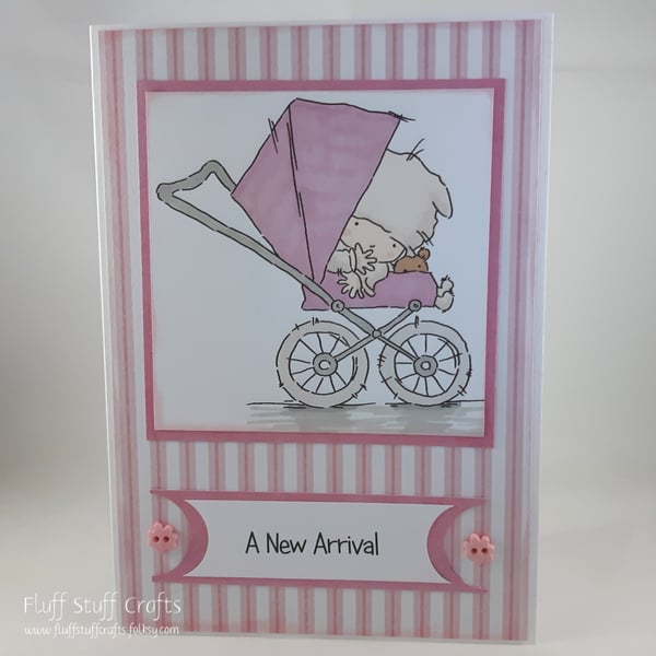Handmade, pink, new baby card - baby in pram