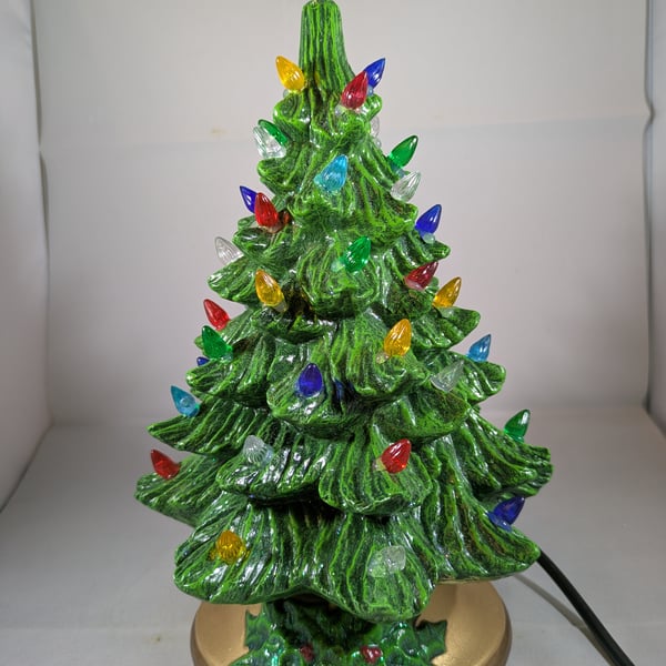 Small Ceramic Xmas Green Christmas Tree Table Lamp Light Ornament Decoration.