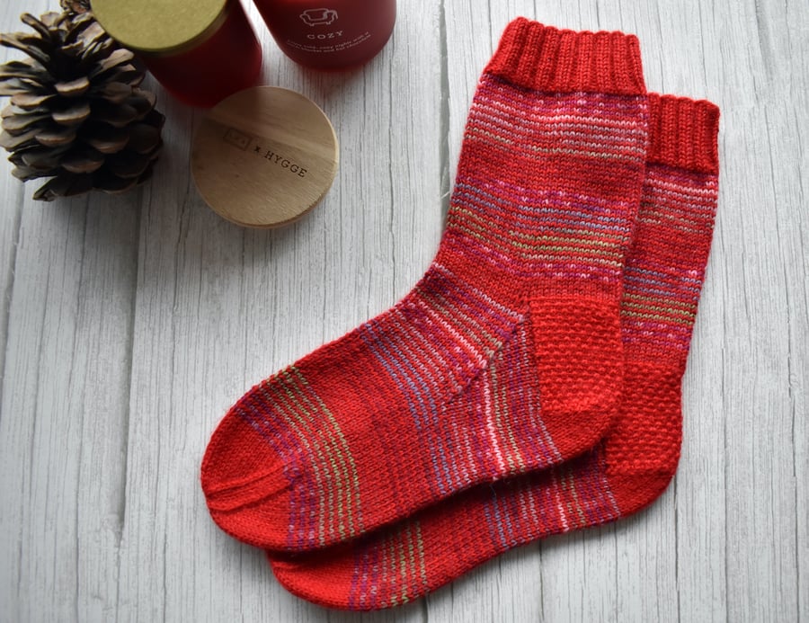 Knit socks, alpaca wool thin socks. Red striped socks, soft and warm.