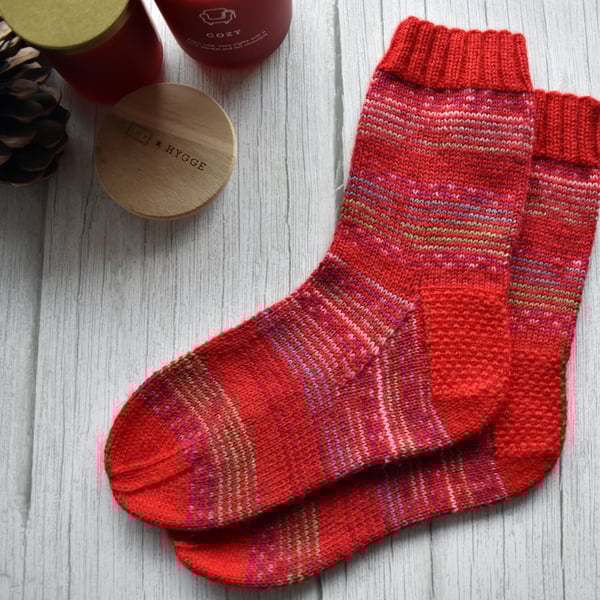 Knit socks, alpaca wool thin socks. Red striped socks, soft and warm.