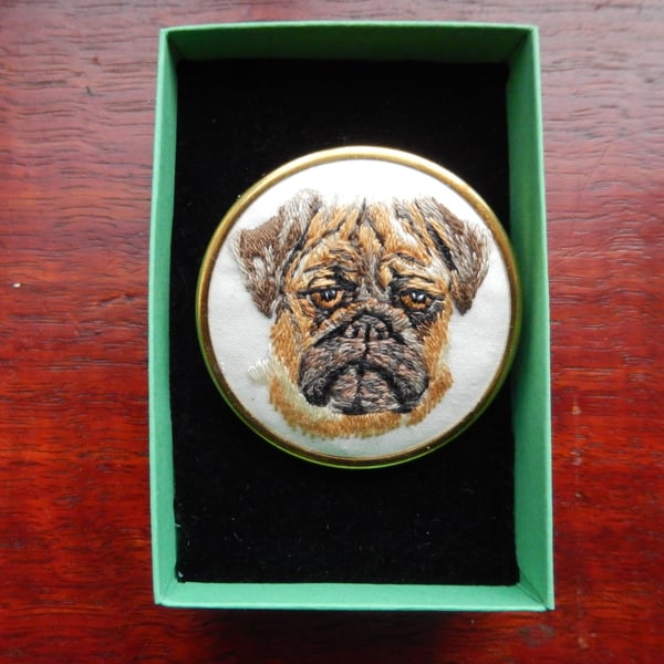 Hand Embroidery Brooch. Pug dog Design.