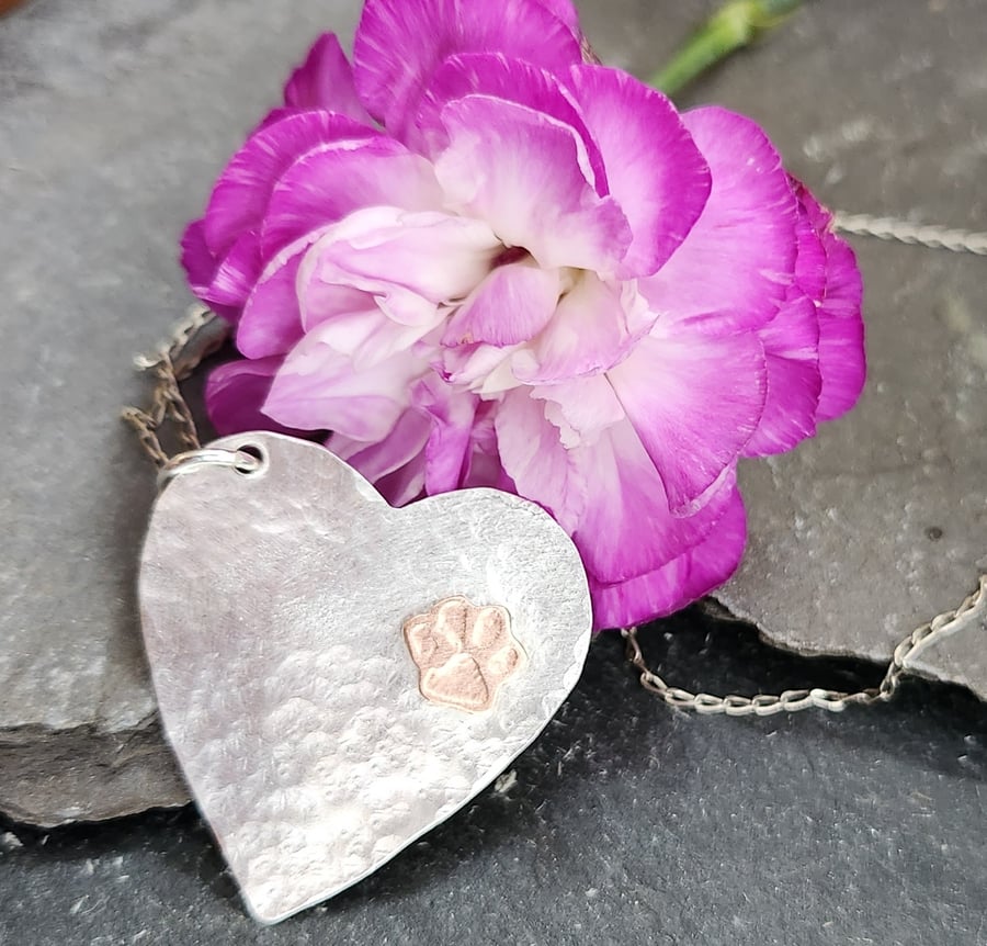 Paw on sterling silver heart pendant