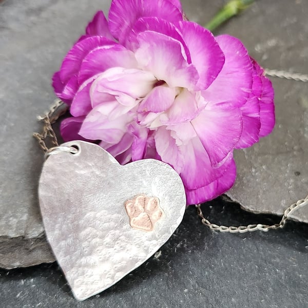 Heart and paw sterling silver heart pendant