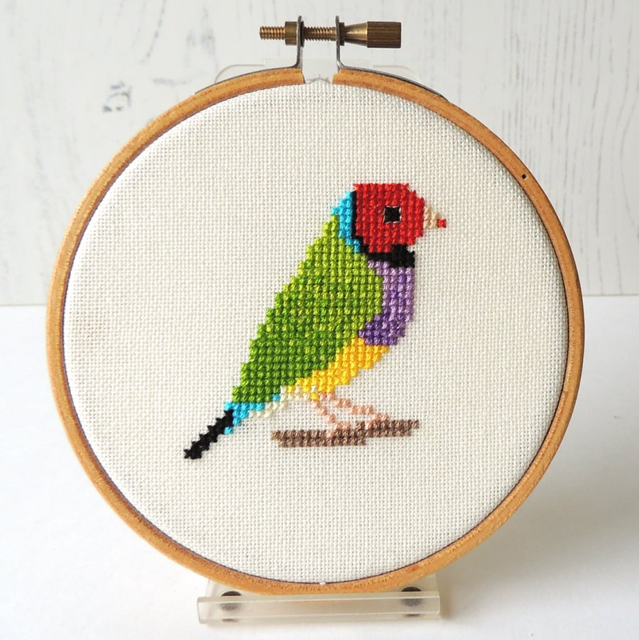 SECONDS SUNDAY Gouldian finch cross stitch hoop art - 4-inch10cm wooden hoop