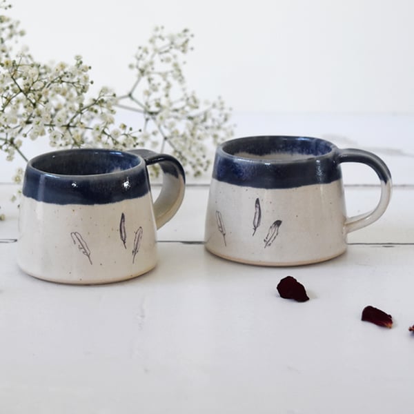 Blue and white ceramic espresso cup with feathers - handmade illustrated pottery