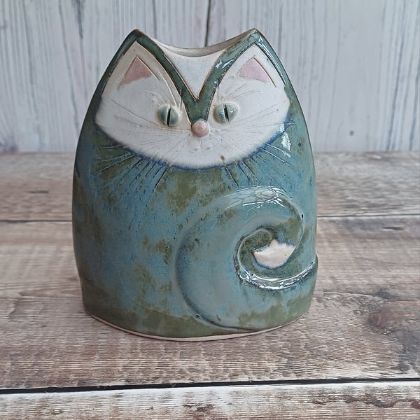 Handmade stoneware cat vase 