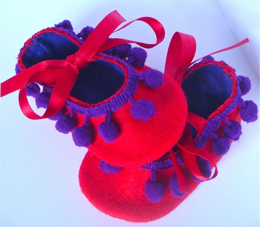 SALE Red and Purple Pom Pom Felt Baby Shoes Small