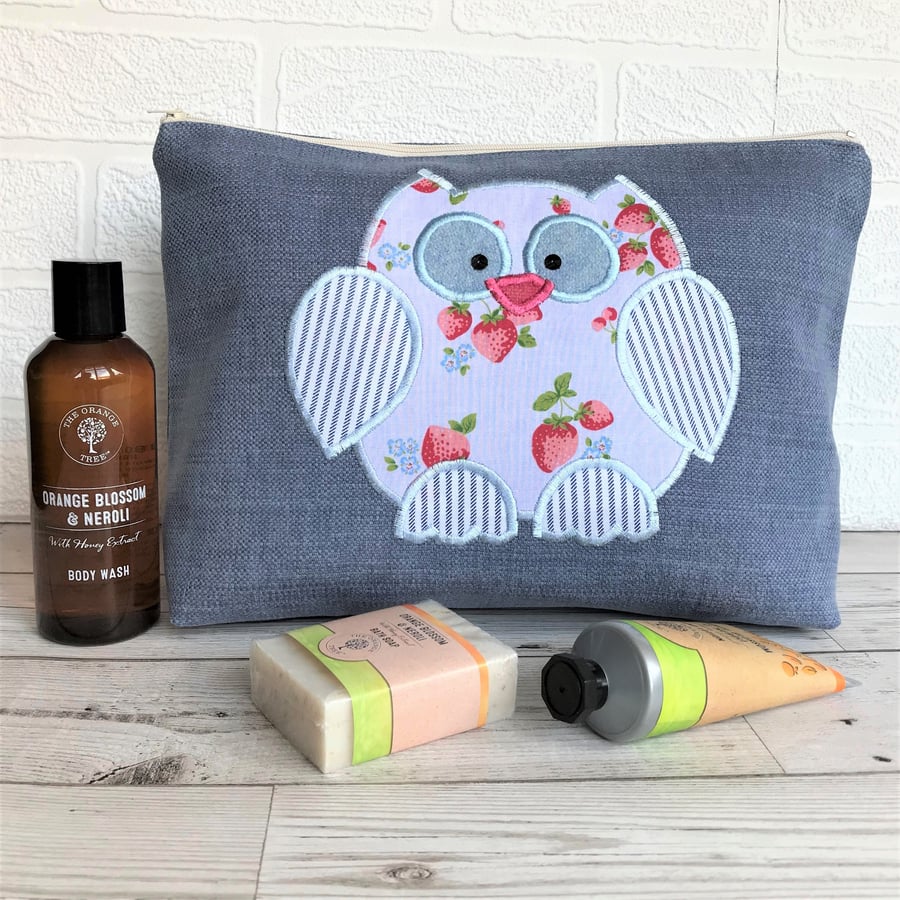 Owl toiletry bag, owl wash bag in blue fabric with strawberry print owl