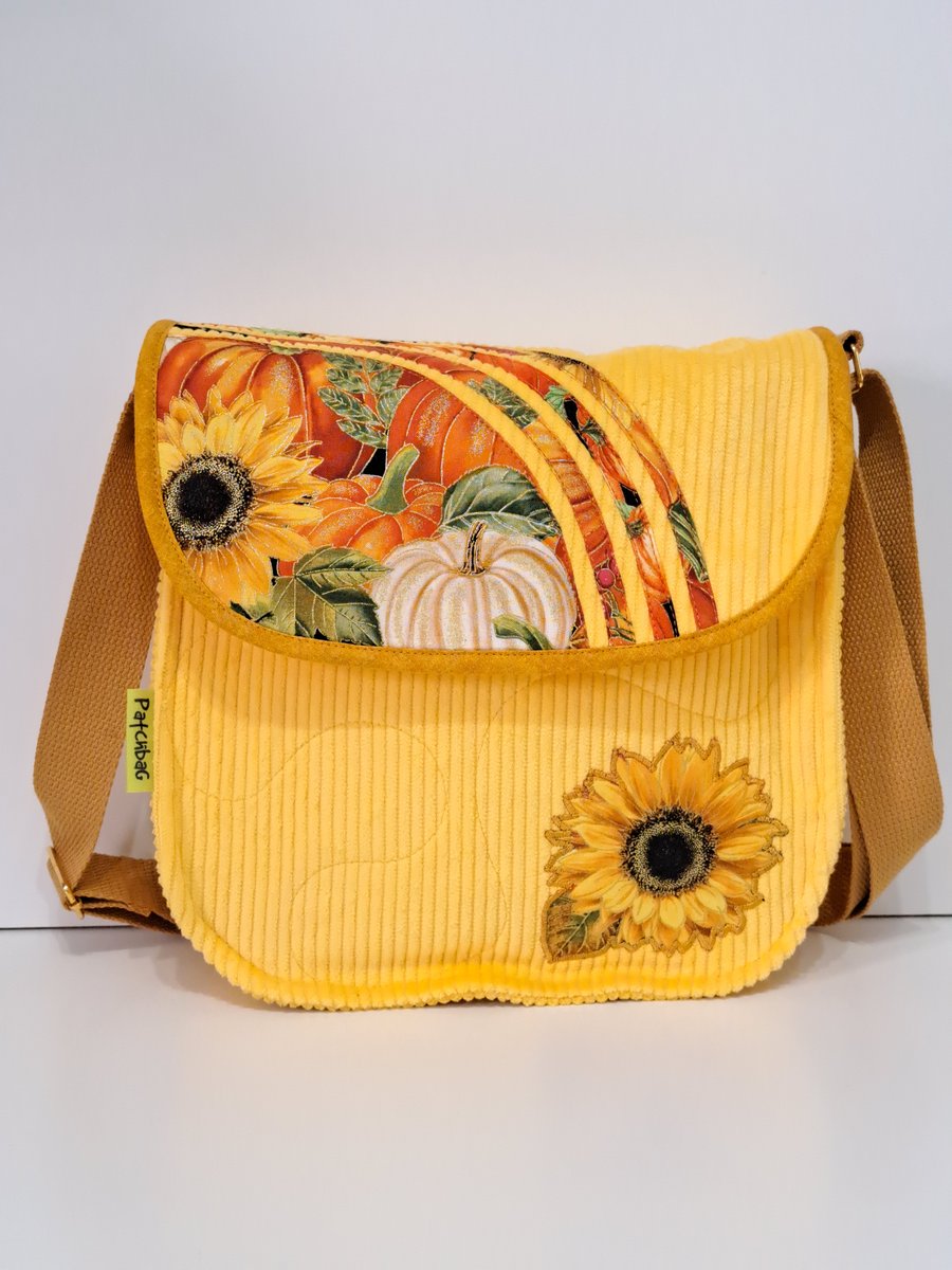 Yellow corduroy handbag with pumpkins and sunflowers 