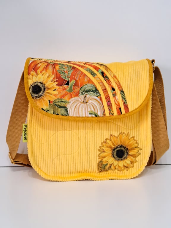 Yellow corduroy handbag with pumpkins and sunflowers 