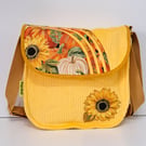 Yellow corduroy handbag with pumpkins and sunflowers 