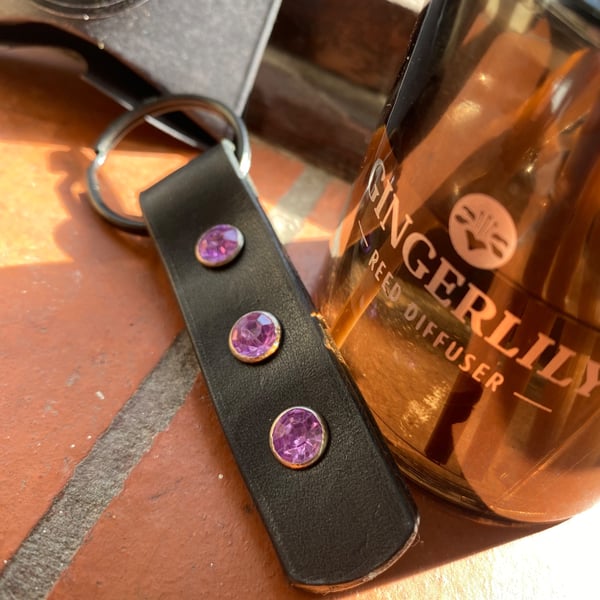 Keyring black Italian leather and  crystals