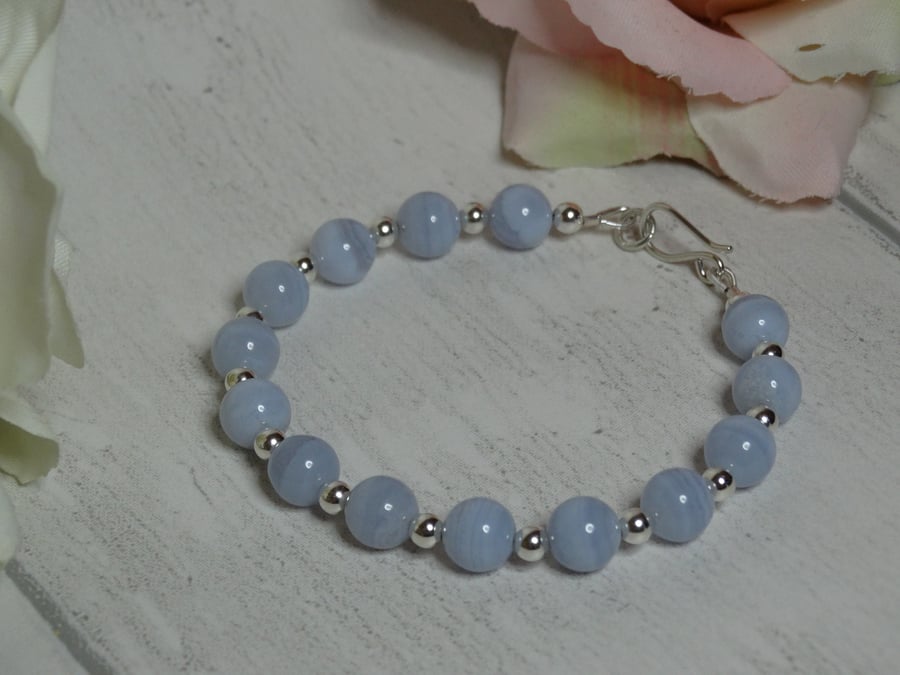 Blue lace agate and silver beads bracelet throat chakra calming