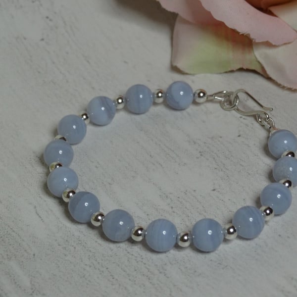 Blue lace agate and silver beads bracelet throat chakra calming
