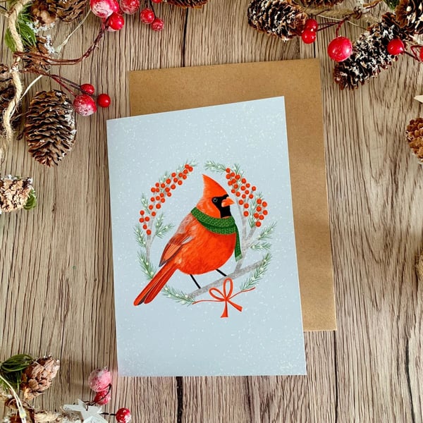 Red Cardinal Christmas Card, Bird Lover, Blank Inside