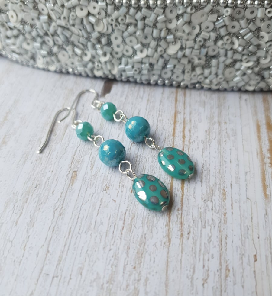 Silver Polka Dot Czech Glass & Mixed Bead Dangle Earrings - Milky Aqua Mint 