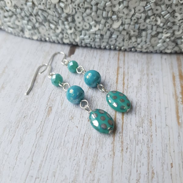 Silver Polka Dot Czech Glass & Mixed Bead Dangle Earrings - Milky Aqua Mint 