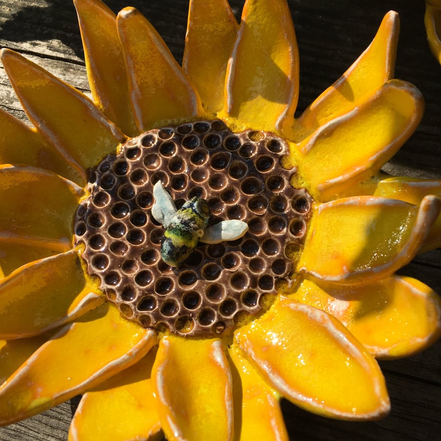 Ceramic Sunflower and Bumble Bee for the garden or home decoration