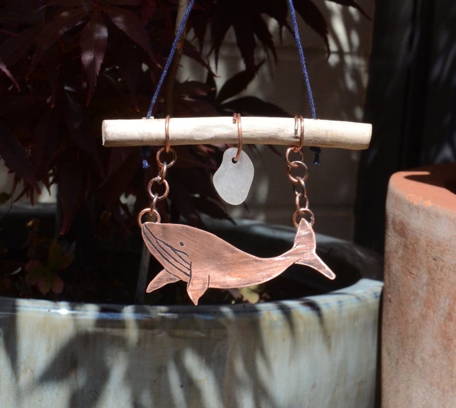 Copper, driftwood and seaglass hanging whale decoration