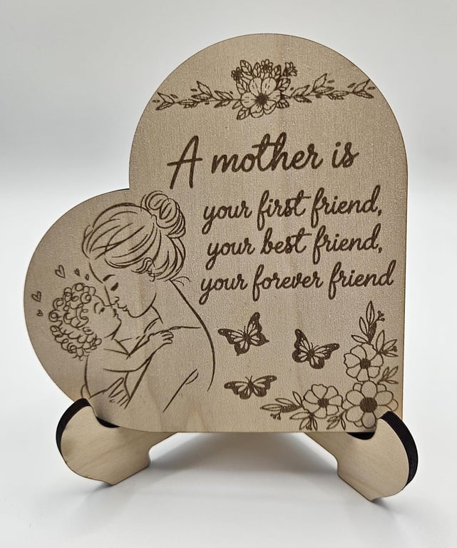 Engraved Birch Mother's Day Plaque Heart Design with Easel Stand