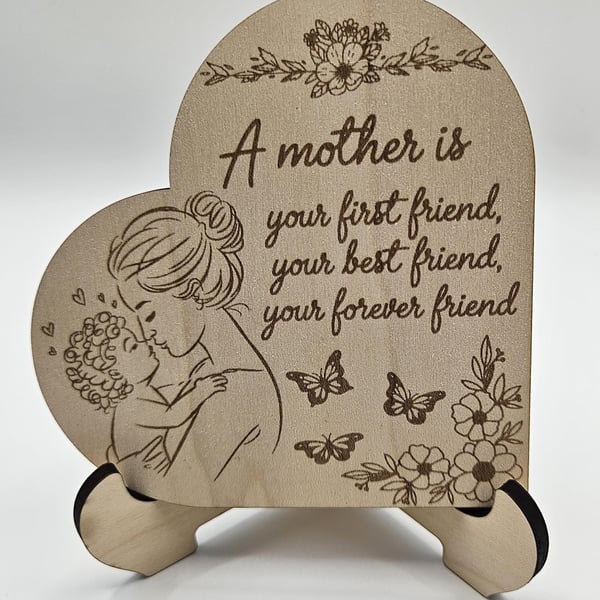 Engraved Birch Mother's Day Plaque Heart Design with Easel Stand