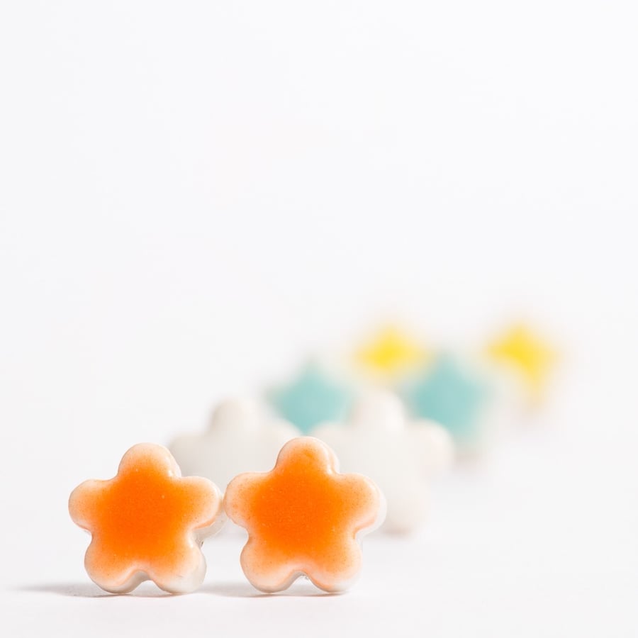 Small Orange Flower Porcelain Earrings