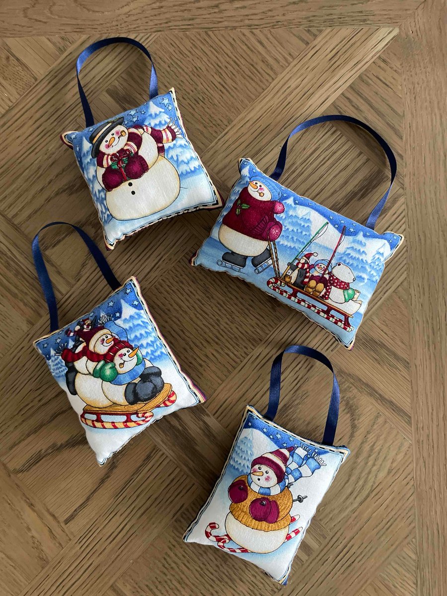 Set of 4 Handmade Padded Fabric Christmas Tree Hangers featuring cute snowmen