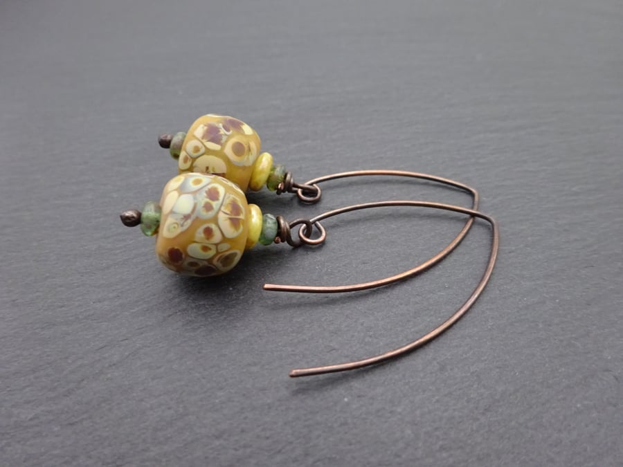 brown lampwork glass earrings, copper jewellery