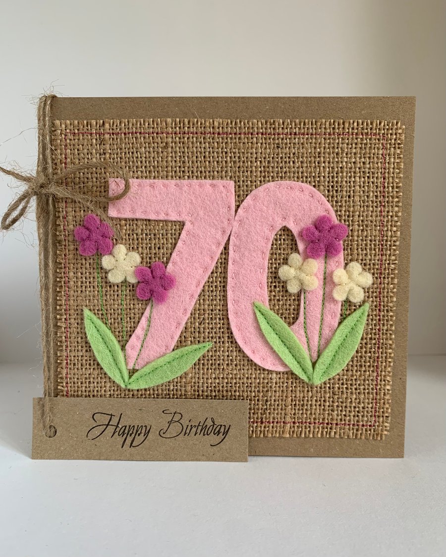 Handmade 70th Birthday Card. Keepsake Card. Textile Card.