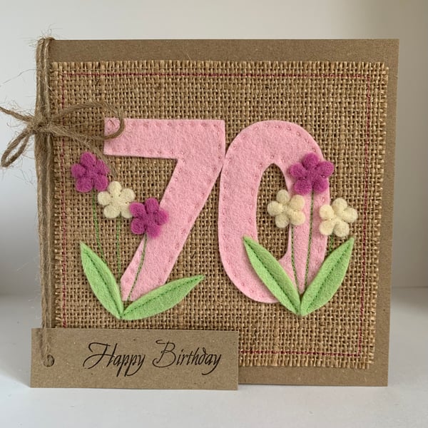 Handmade 70th Birthday Card. Keepsake Card. Textile Card.