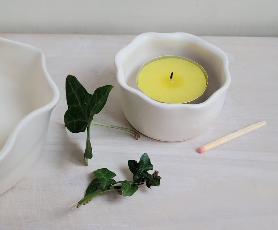 White pottery tealight candle holder with fluted scalloped rim handmade gift