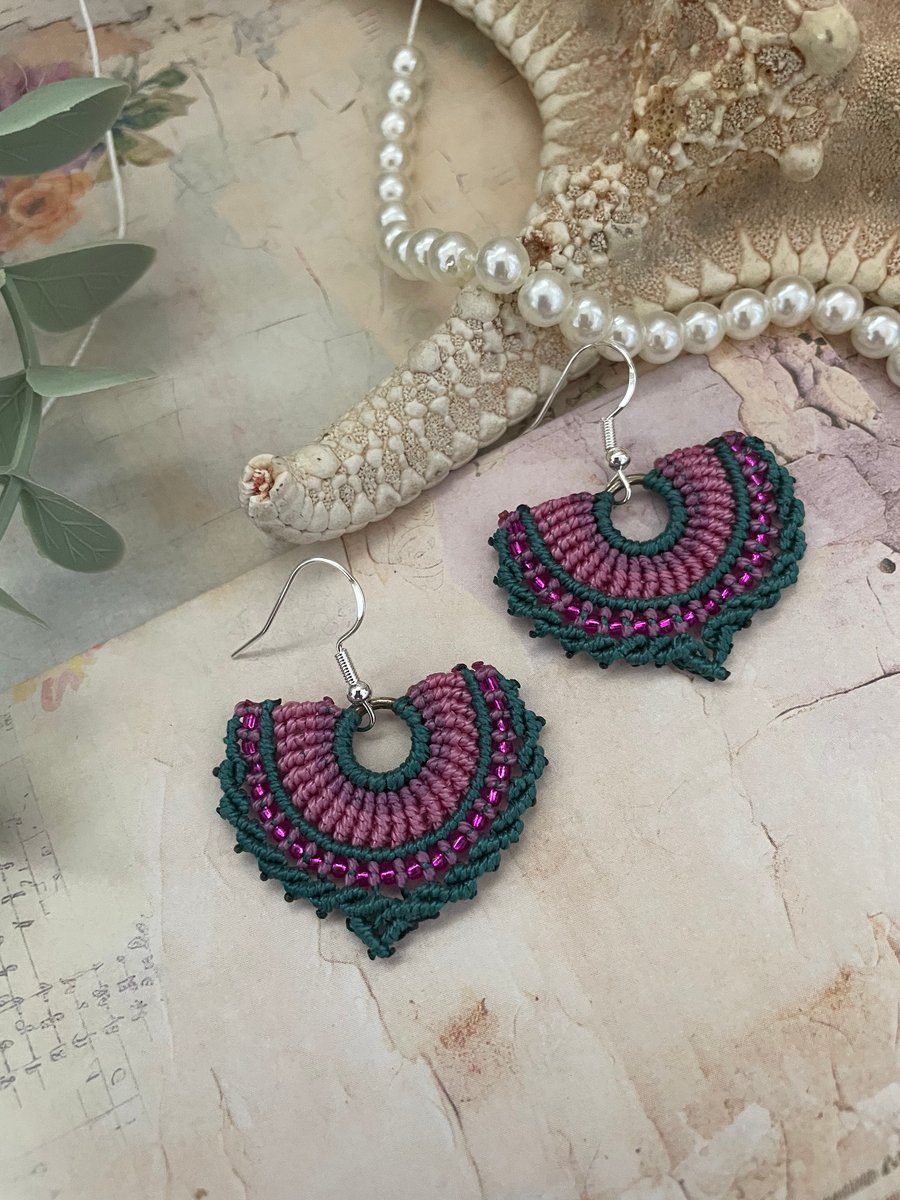Pretty Boho micro macrame beaded fan shape earrings, fiesta earrings, yoga girl 