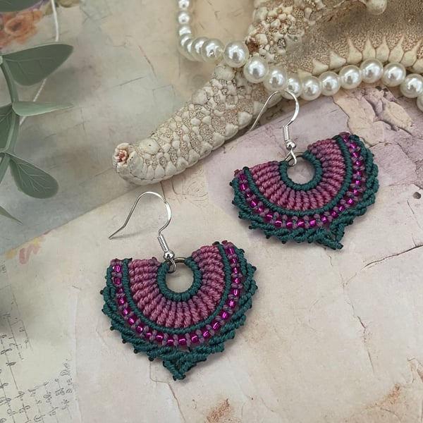 Pretty Boho micro macrame beaded fan shape earrings, fiesta earrings, yoga girl 