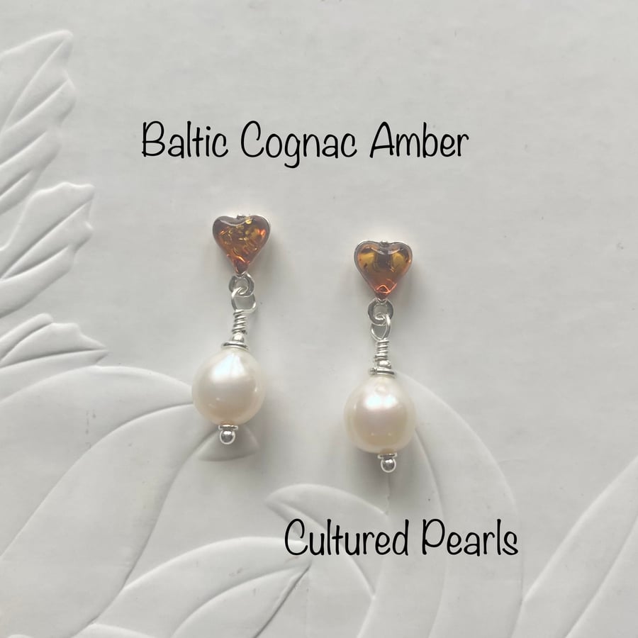 Cognac Amber and Pearl earrings