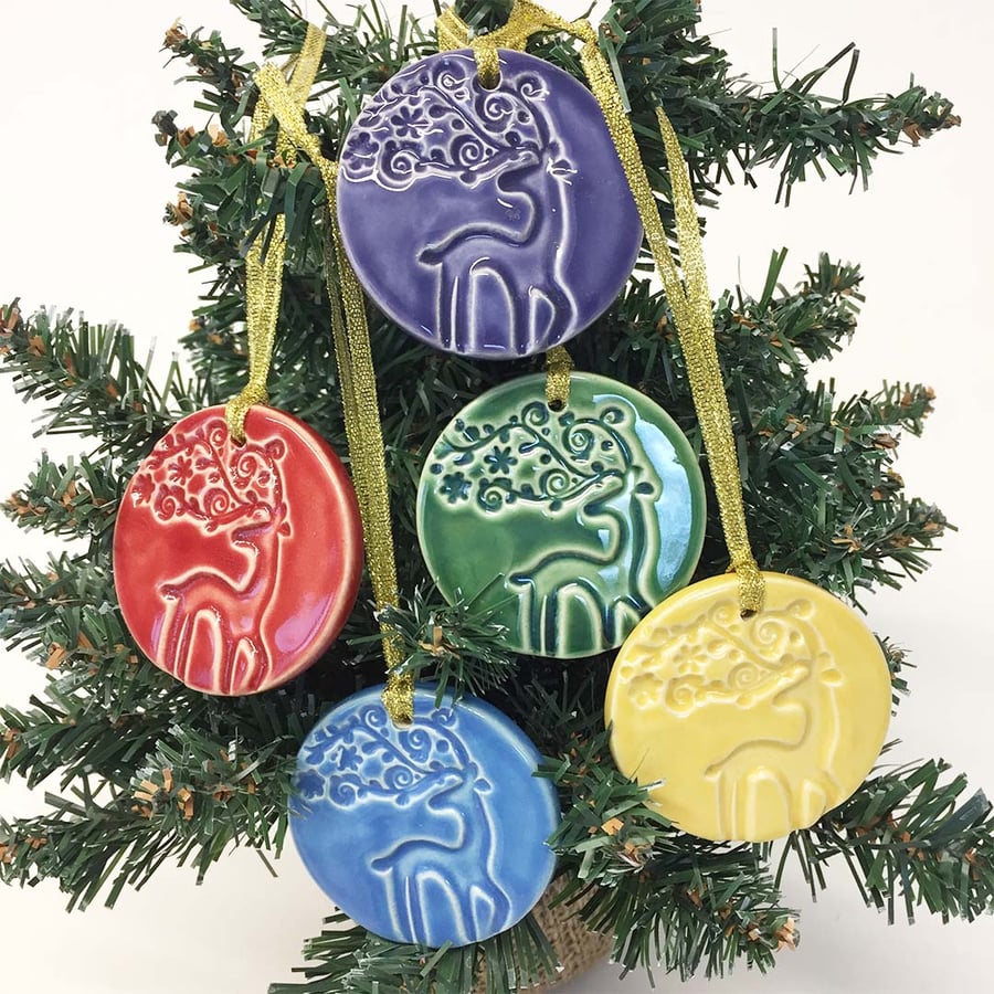 Christmas decorations set of five stags round ceramic baubles Xmas