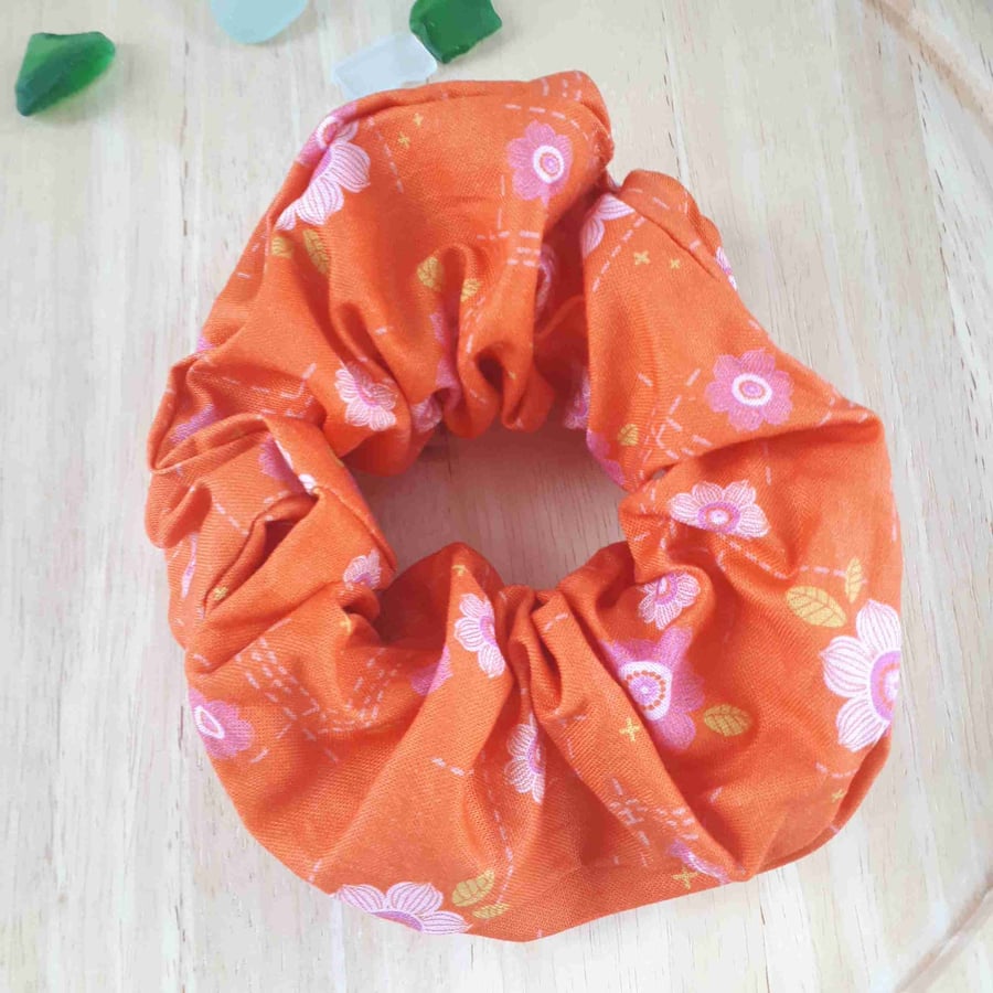 X-Large Wide Cotton Scrunchies Thick Elastic, Orange Floral, C39