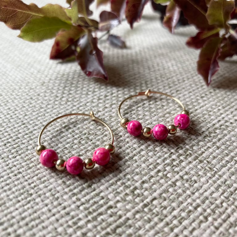 Deep pink beaded hoop earrings, filled gold