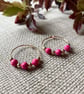 Deep pink beaded hoop earrings, filled gold