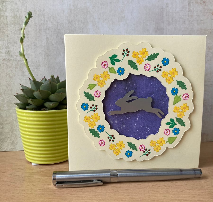 Hare - Leaping hare with spring flowers - original, hand painted design - blank 