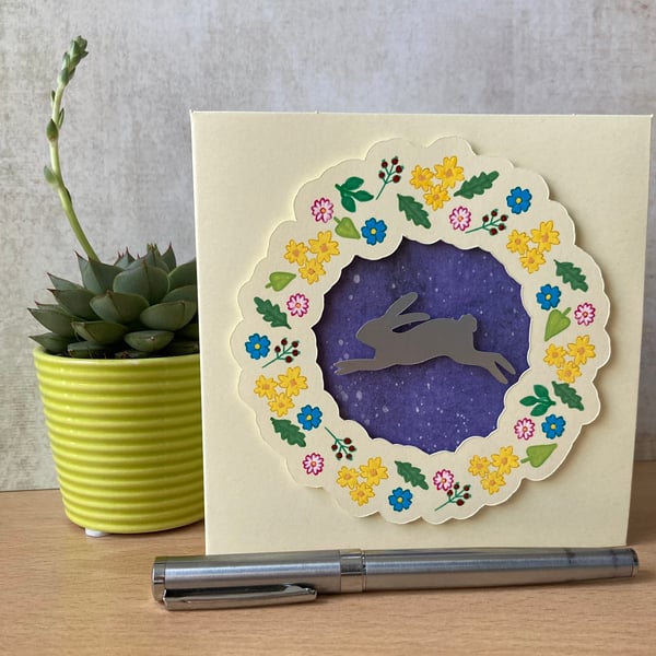 Hare - Leaping hare with spring flowers - original, hand painted design - blank 