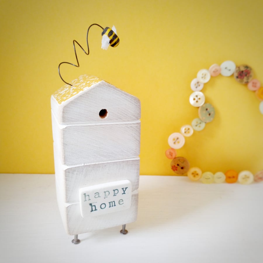 Wooden Beehive With Little Clay Bee 'Happy Home'