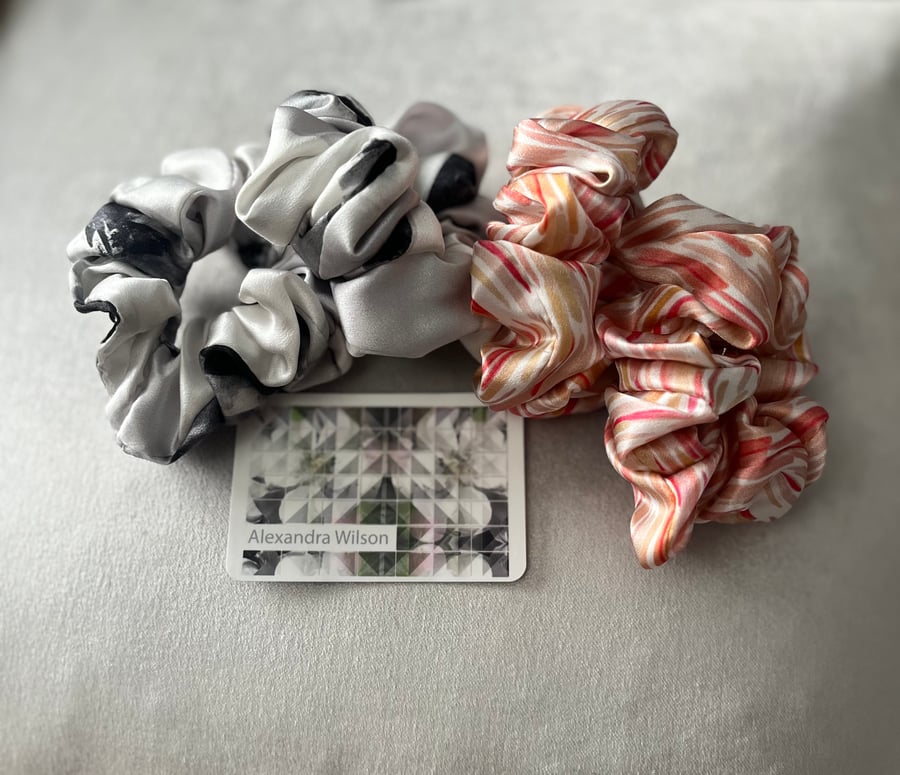100% pure silk scrunchies. Digitally printed design - Mix & Match set of 4