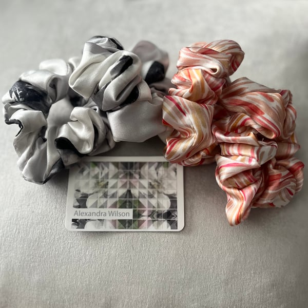 100% pure silk scrunchies. Digitally printed design - Mix & Match set of 4