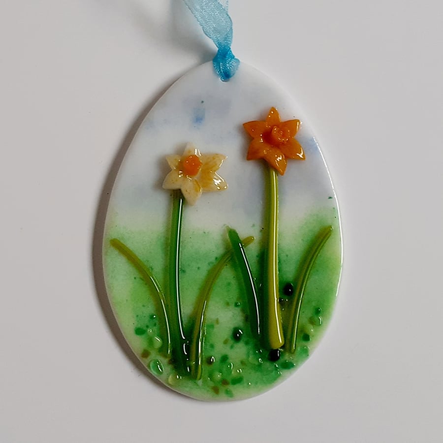 Fused glass easter egg hanging decoration with daffodils
